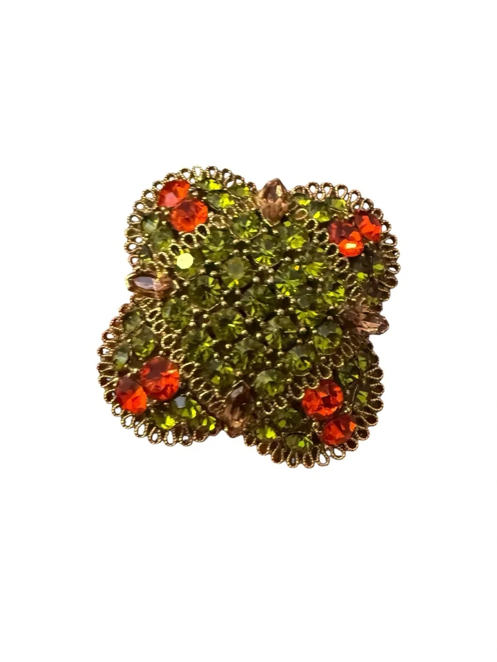 Vintage Green & Orange Rhinestone Filigree Brooch